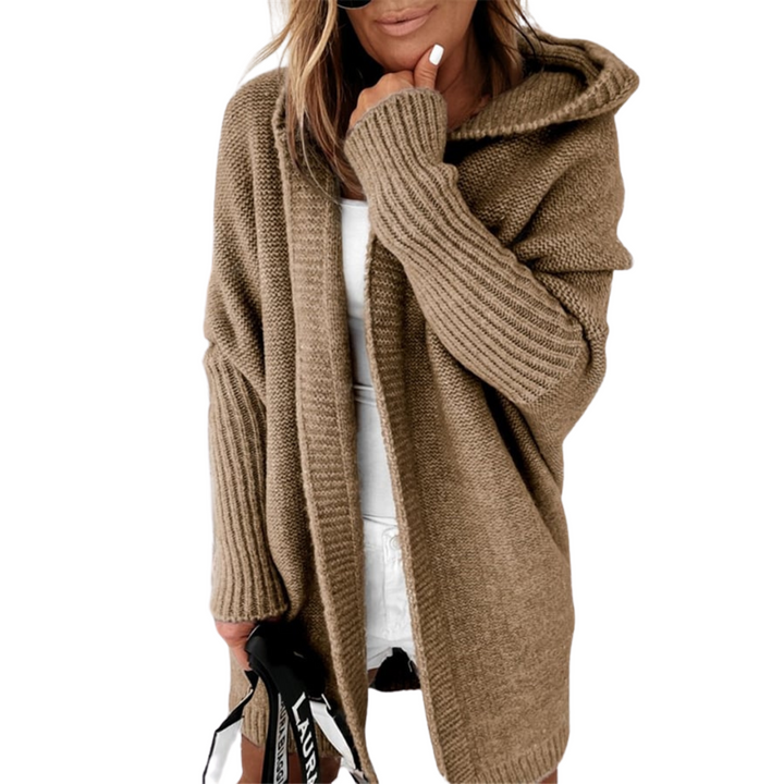 Women's mid-length cardigan with colourful stitching, elegant design, front view, ideal for spring, versatile layering.