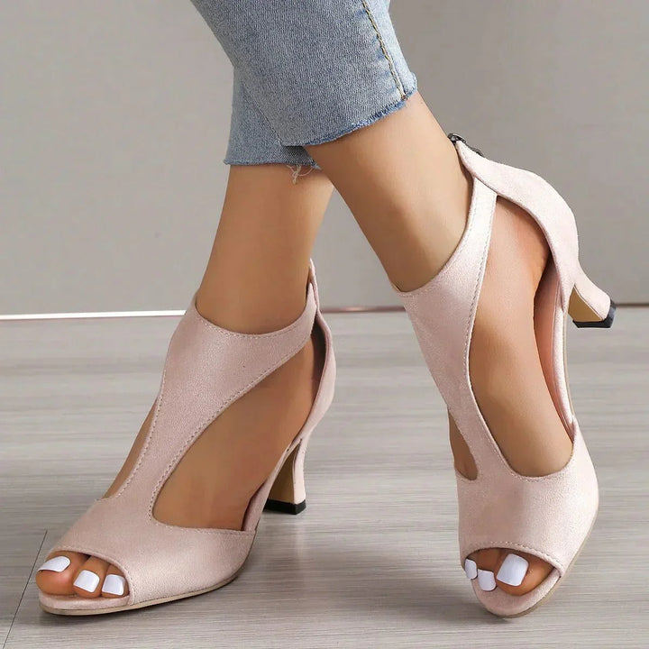 "Women's orthopedic high heels, open toe with zipper, stylish elegance, cushioned support, durable PU material, trendy look"