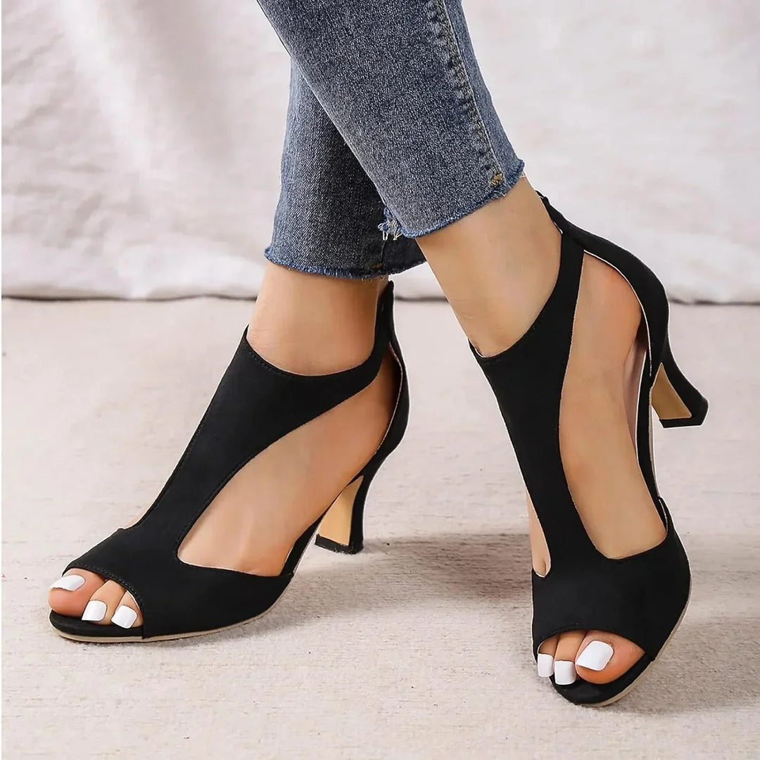 "Women's orthopedic high heels, open toe with zipper, stylish elegance, cushioned support, durable PU material, trendy look"