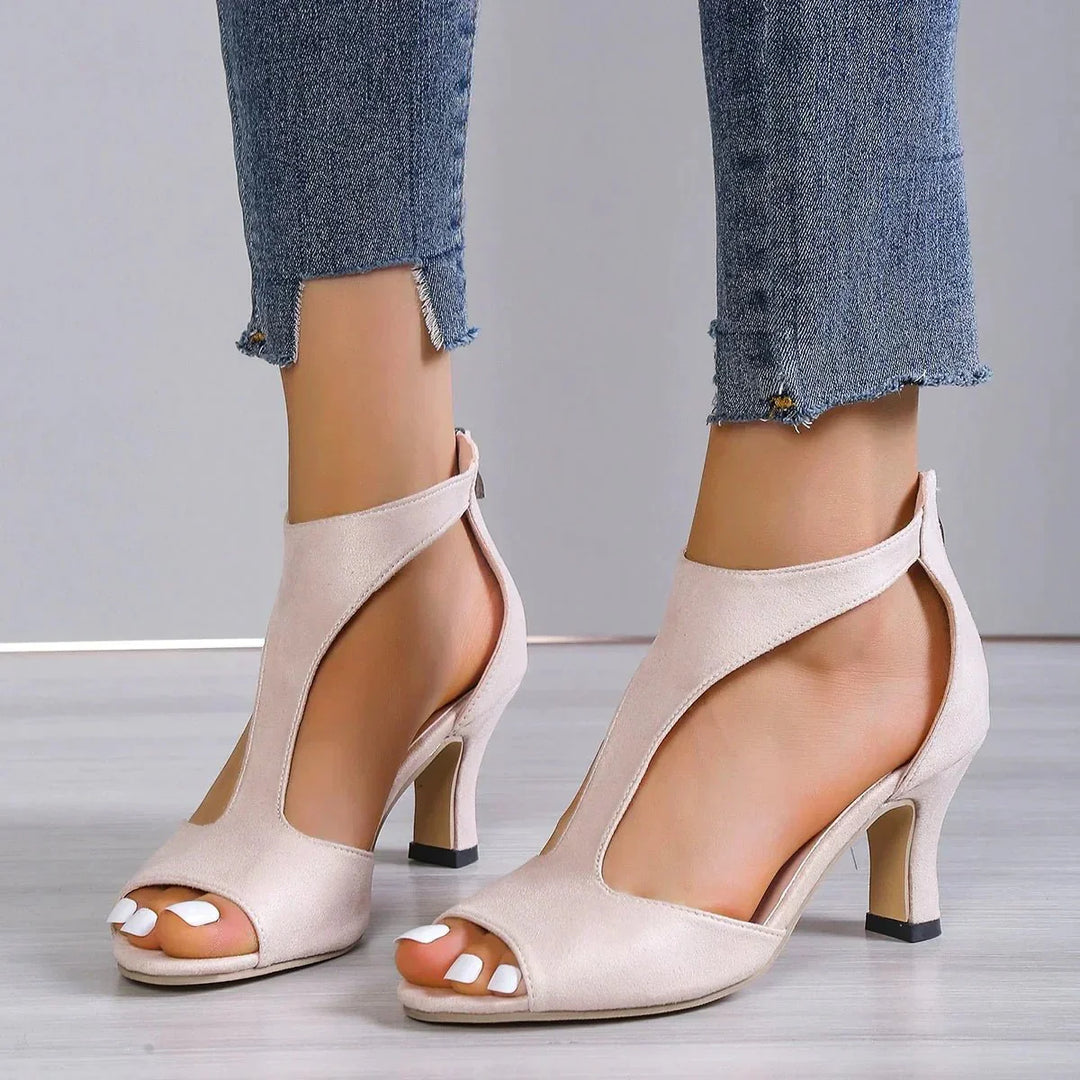 "Women's orthopedic high heels, open toe with zipper, stylish elegance, cushioned support, durable PU material, trendy look"