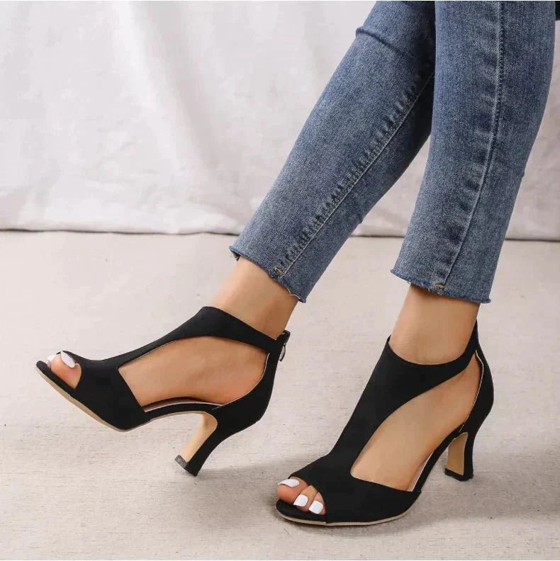 "Women's orthopedic high heels, open toe with zipper, stylish elegance, cushioned support, durable PU material, trendy look"