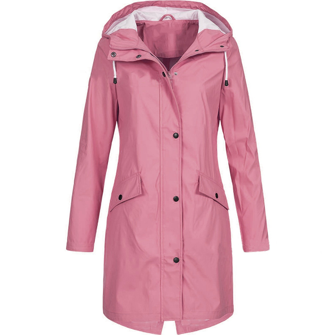 "Women's pink waterproof raincoat, lightweight, windproof, with hood and adjustable drawstrings, sleek design."