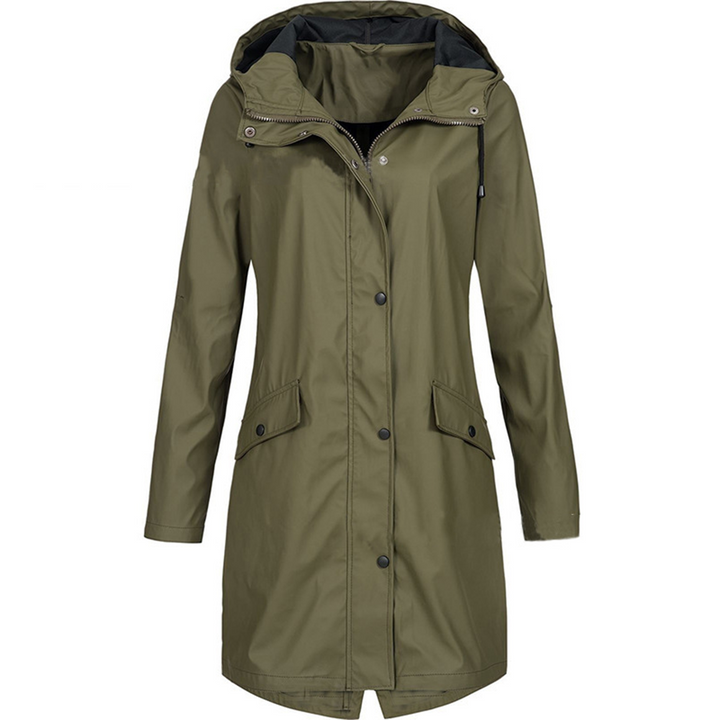 "Women's pink waterproof raincoat, lightweight, windproof, with hood and adjustable drawstrings, sleek design."
