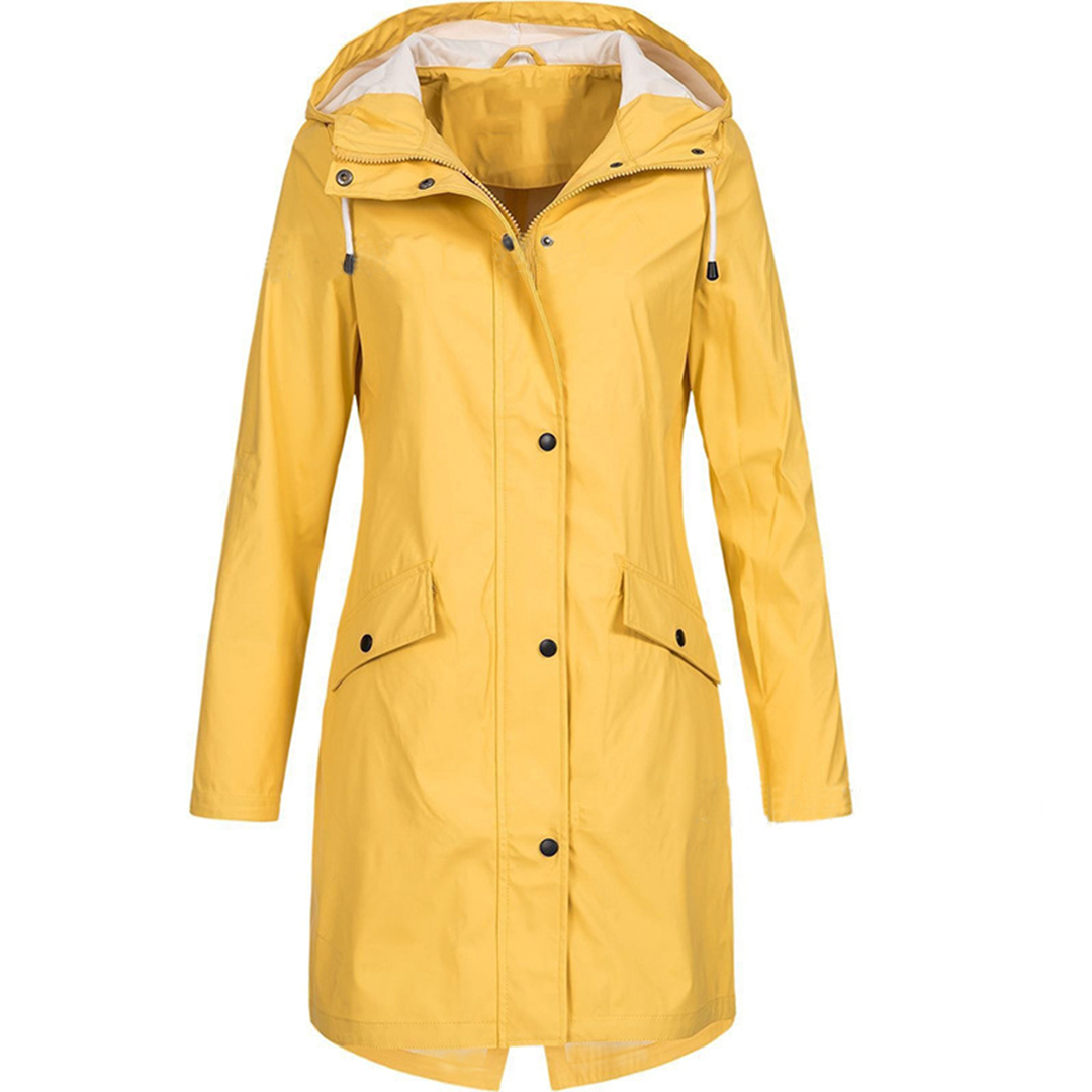 "Women's pink waterproof raincoat, lightweight, windproof, with hood and adjustable drawstrings, sleek design."