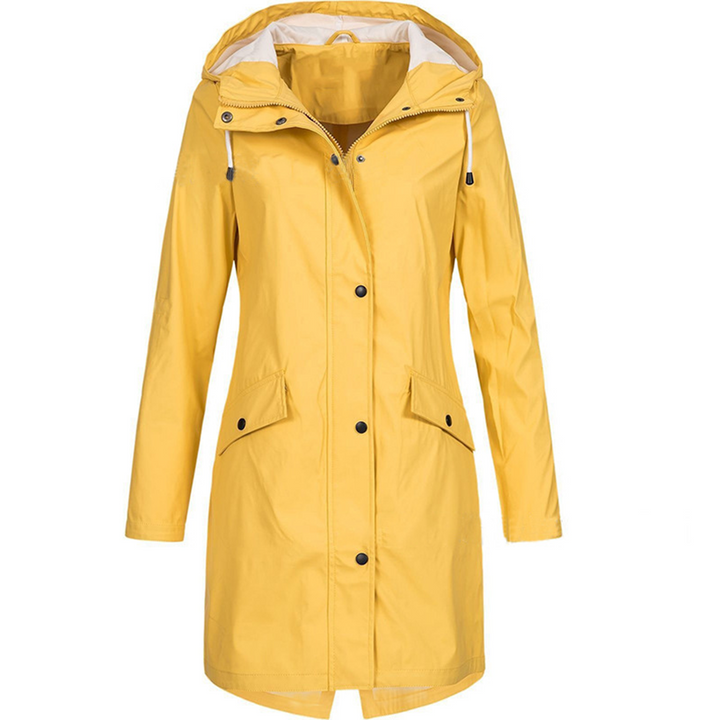 "Women's pink waterproof raincoat, lightweight, windproof, with hood and adjustable drawstrings, sleek design."
