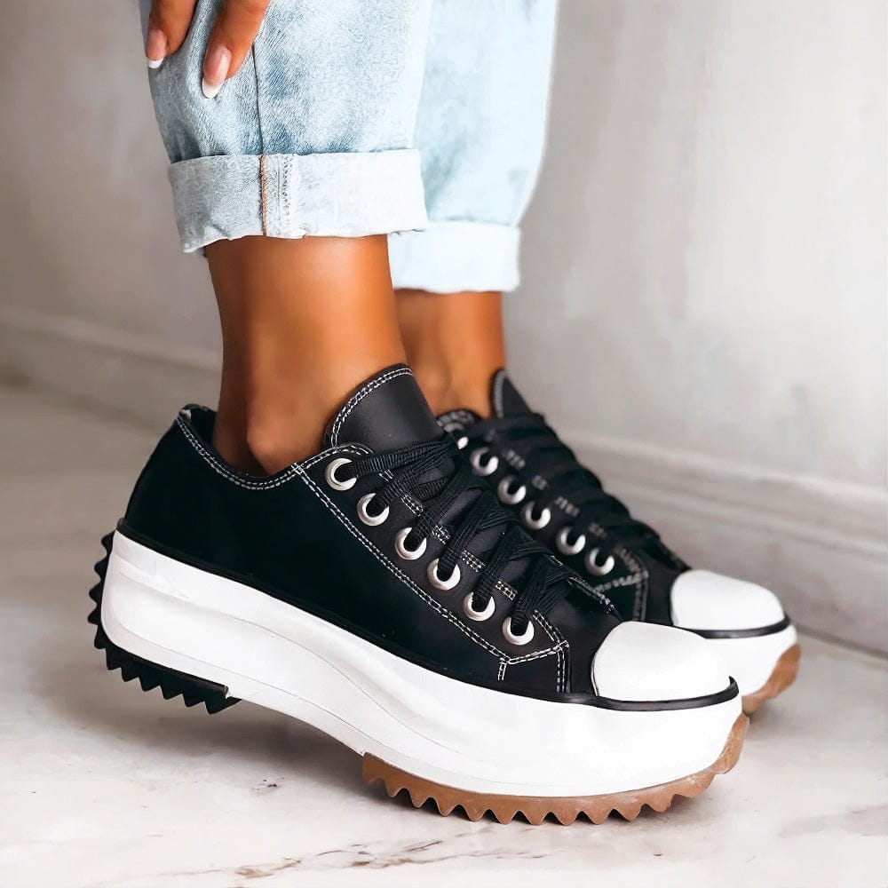 "Women's platform comfort sneakers with supportive sole, trendy design, breathable material in black, brown, white."