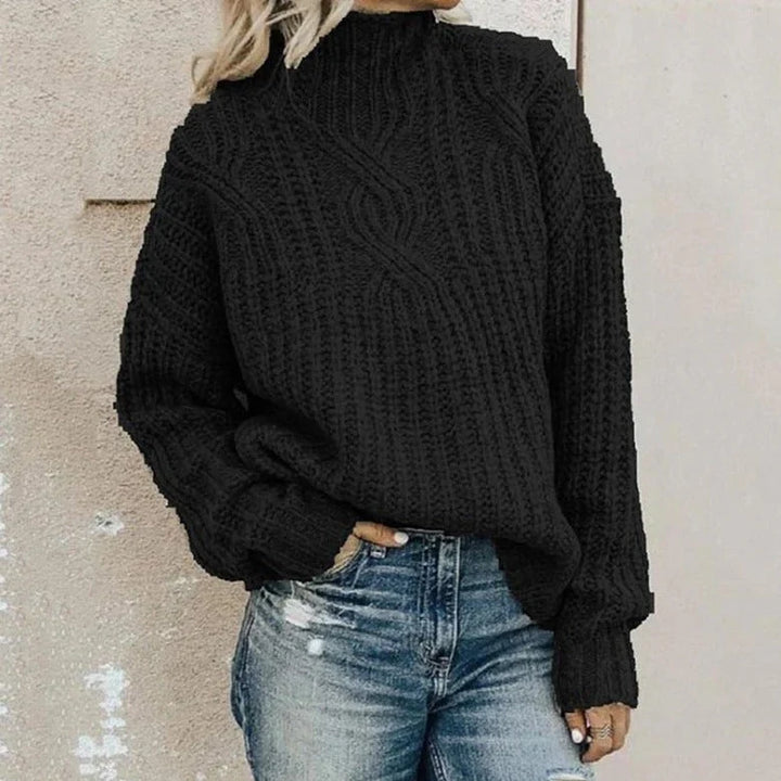 "Women's soft touch casual sweater, classic cut, round neckline, ribbed hems, available in multiple colors."