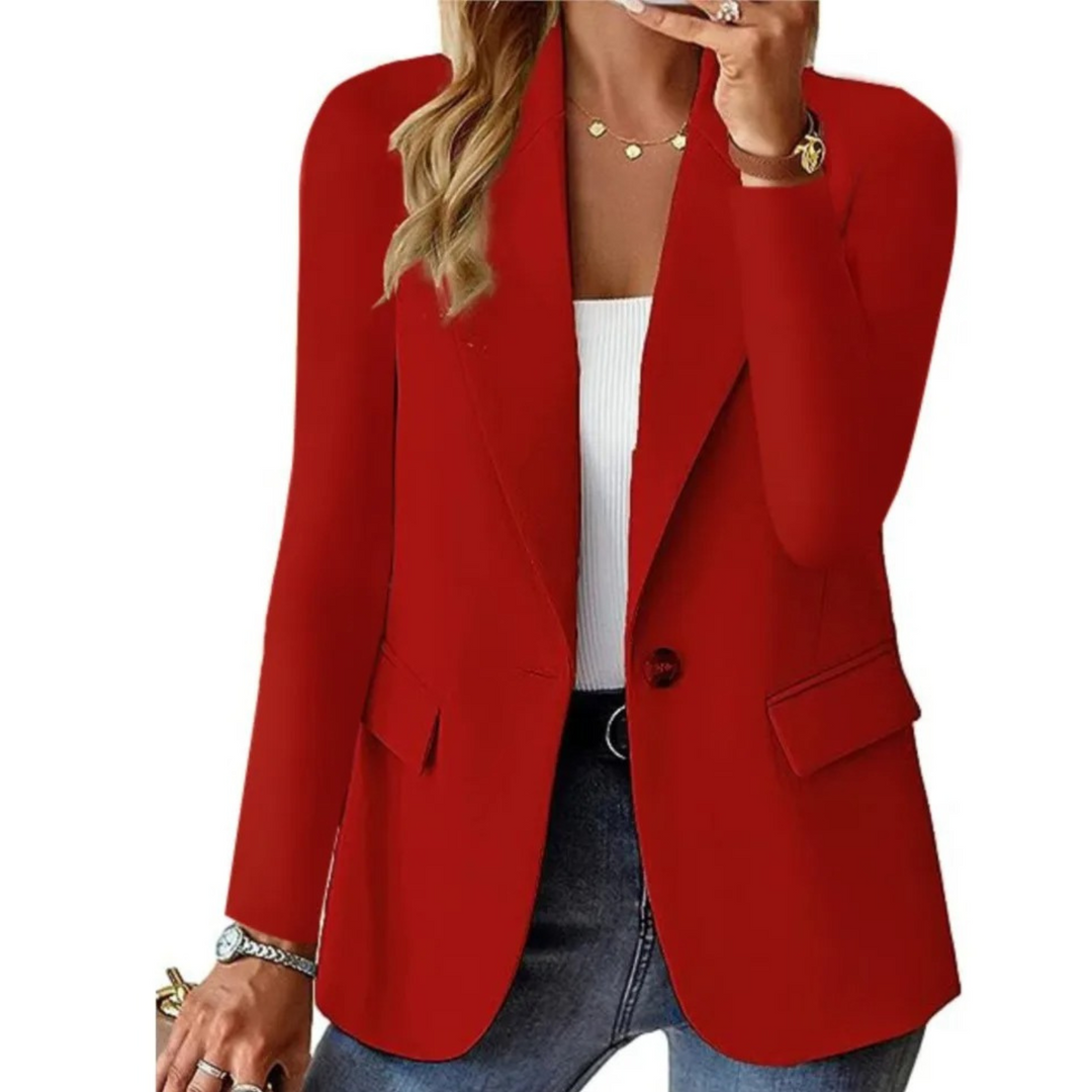 "Women's stylish long sleeve blazer with clasp pocket, available in white, pink, red, and brown for versatile elegance."