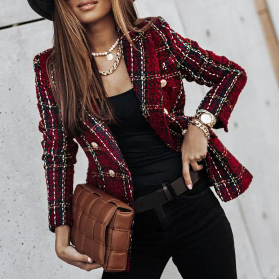 Women's tailored blazer in classic black, red, and green; professional, stylish attire for versatile wardrobe options.