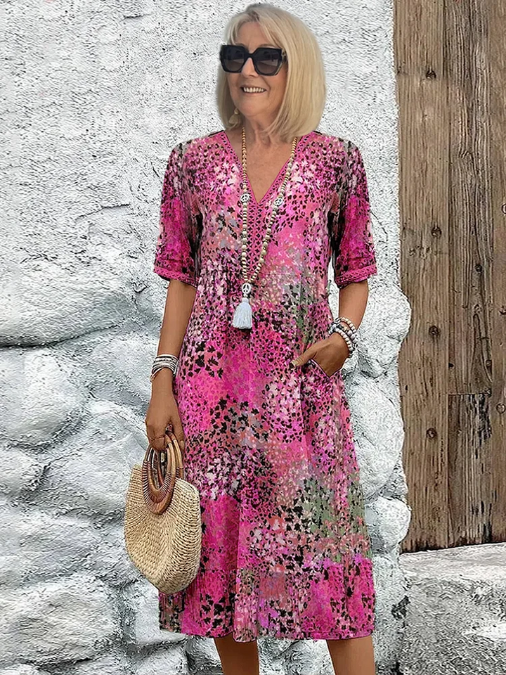 "Women's vibrant summer midi dress in blush pink, lavender, ocean blue, sandy beige, and scarlet red with a breezy fit."