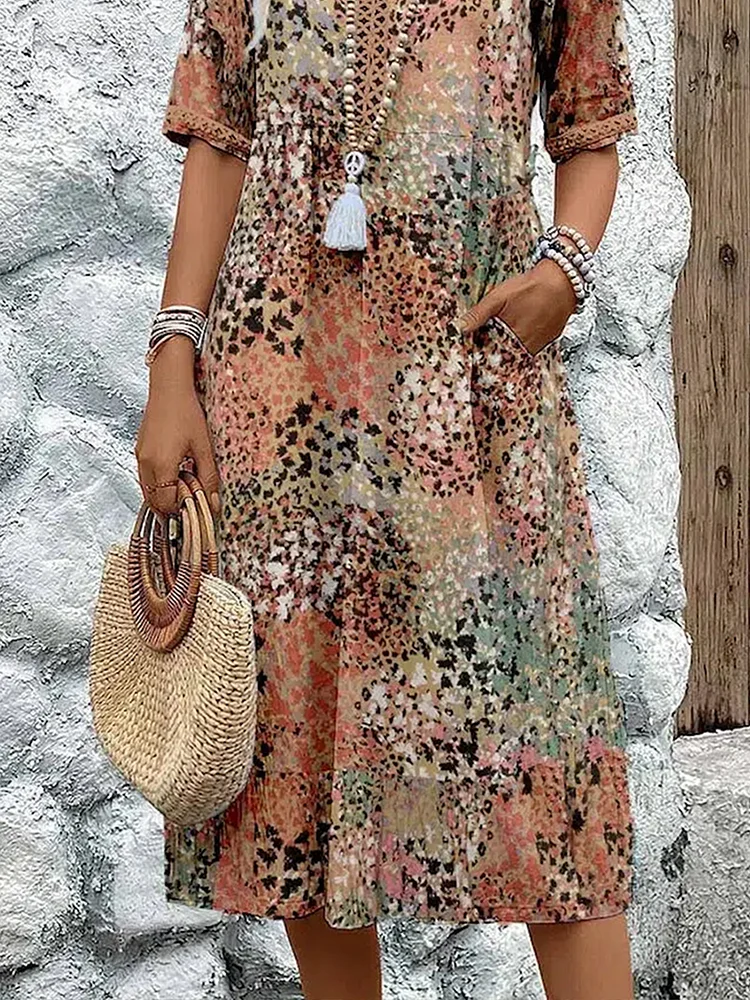 "Women's vibrant summer midi dress in blush pink, lavender, ocean blue, sandy beige, and scarlet red with a breezy fit."
