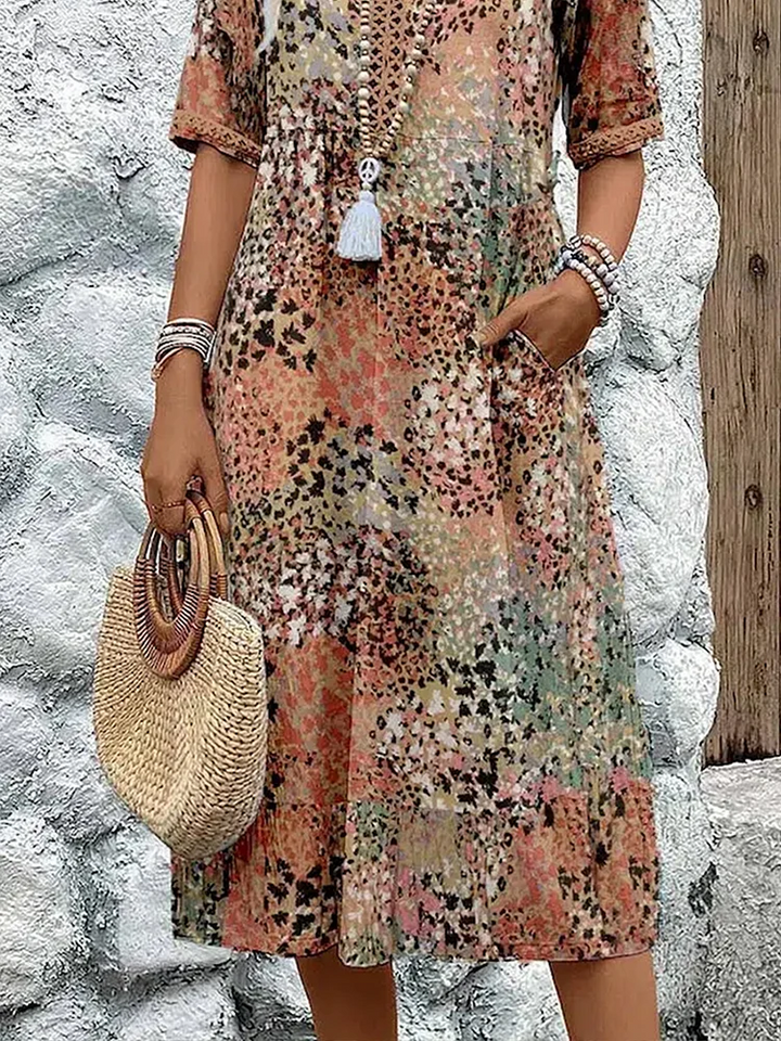 "Women's vibrant summer midi dress in blush pink, lavender, ocean blue, sandy beige, and scarlet red with a breezy fit."