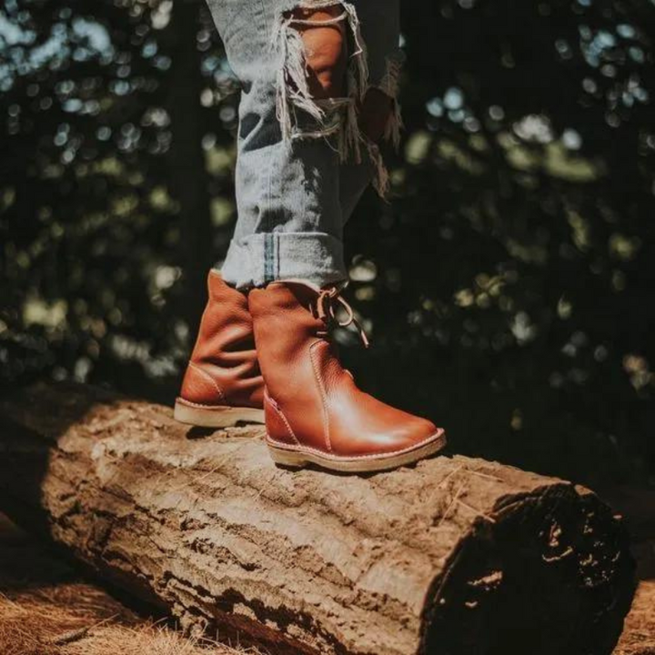 "Women's winter boots, waterproof leather with wool lining, offering style and warmth for cold weather conditions."