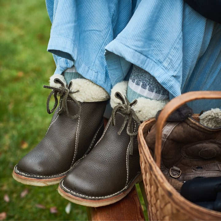 "Women's winter boots, waterproof leather with wool lining, offering style and warmth for cold weather conditions."