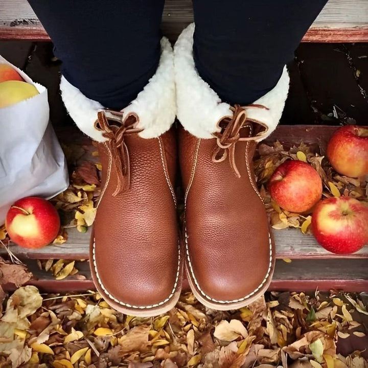 "Women's winter boots, waterproof leather with wool lining, offering style and warmth for cold weather conditions."