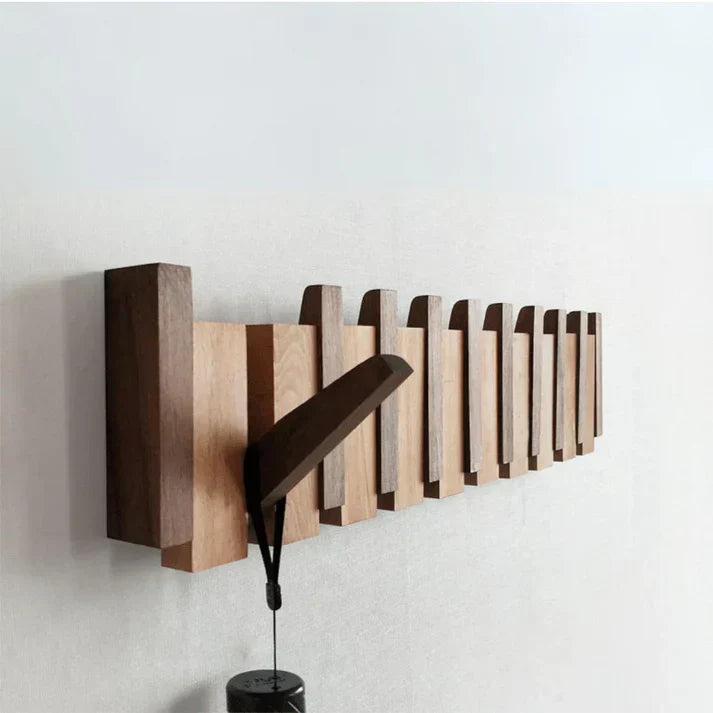 "Wooden Piano Coat Rack with 4 walnut and beech wood hooks, elegant design, ideal for home decoration and organization."