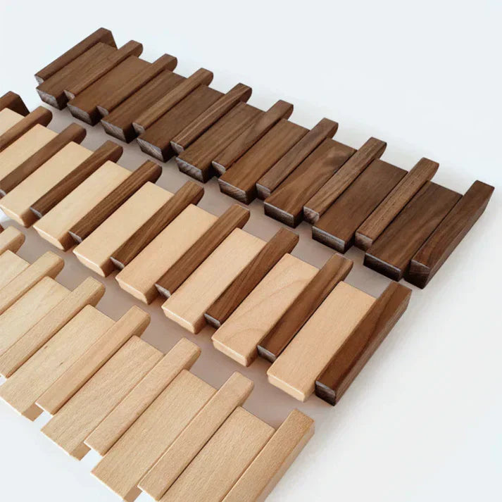 "Wooden Piano Coat Rack with 4 walnut and beech wood hooks, elegant design, ideal for home decoration and organization."