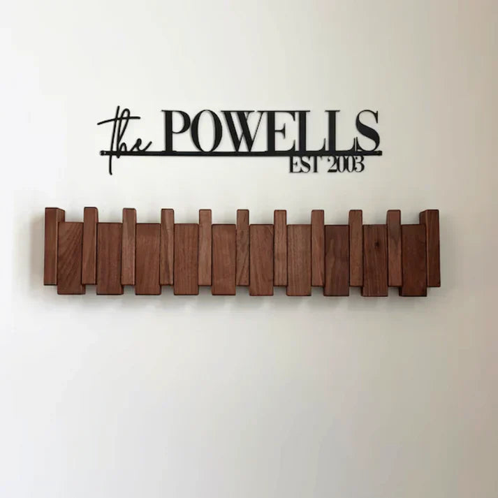 "Wooden Piano Coat Rack with 4 walnut and beech wood hooks, elegant design, ideal for home decoration and organization."