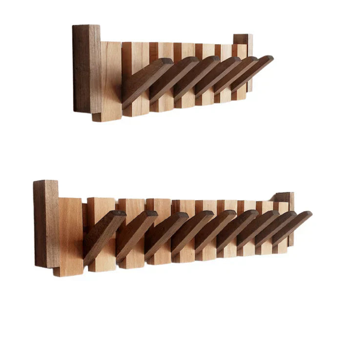 "Wooden piano coat rack with elegant piano-key design, made from beech and walnut wood, stylish home decor and organizer."