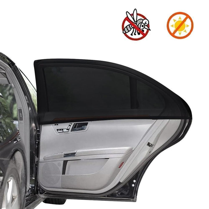 Universal mesh car side window sun shade (2-pack) on a vehicle, showing full window protection.