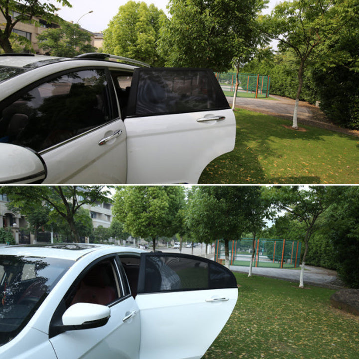 Two universal car side window sun shades, black mesh, installed on a car, offering baby safety.
