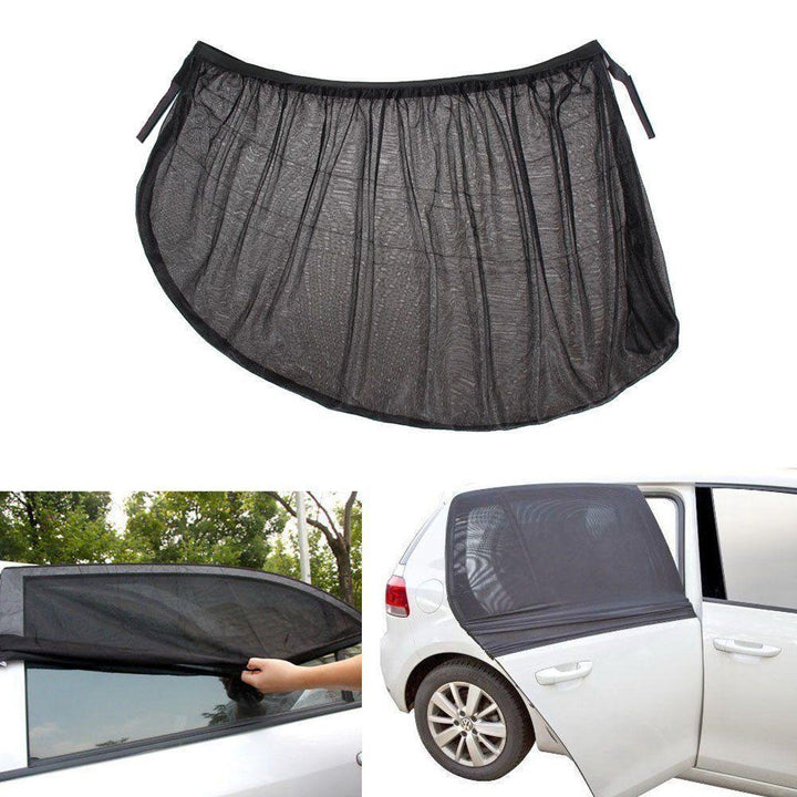 Universal car side window sun shade, black mesh, rolled out to cover a side window for sun protection.