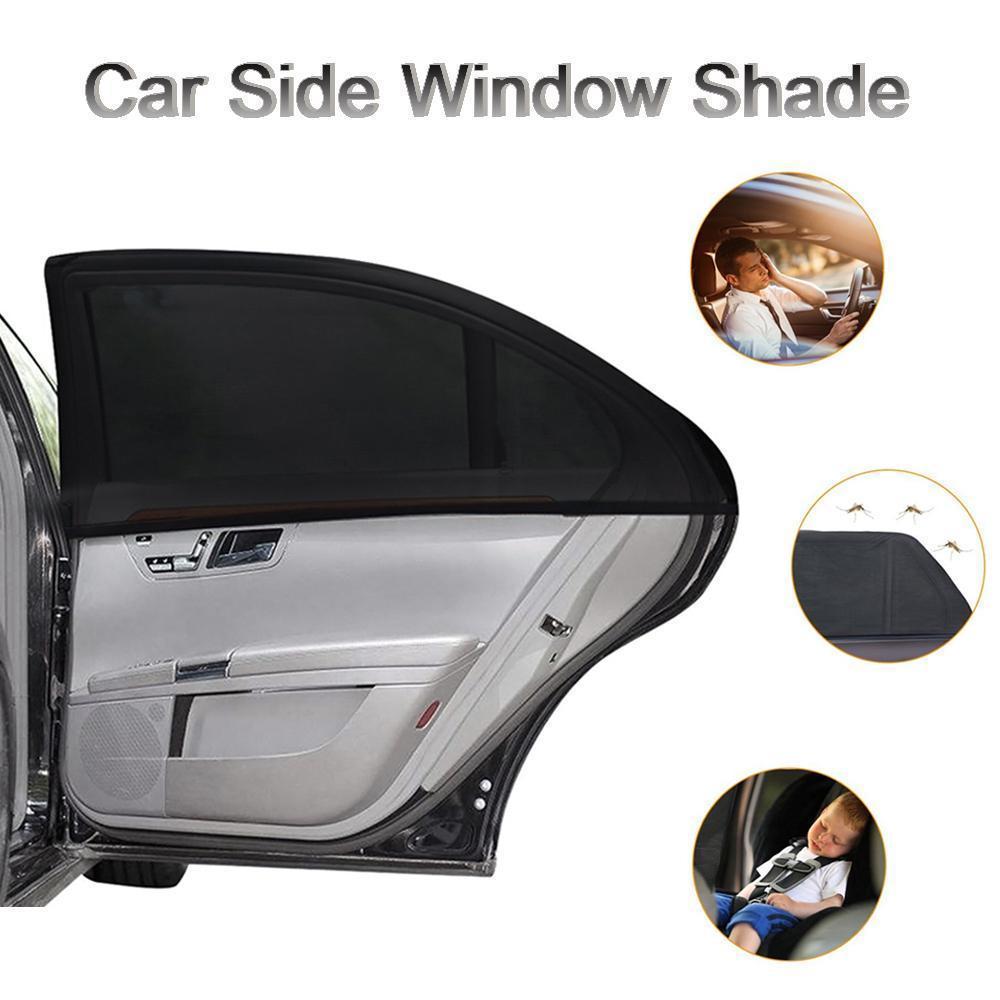 Packaging for a 2-pack universal car side window sun shade, highlighting UV protection and auto accessory.