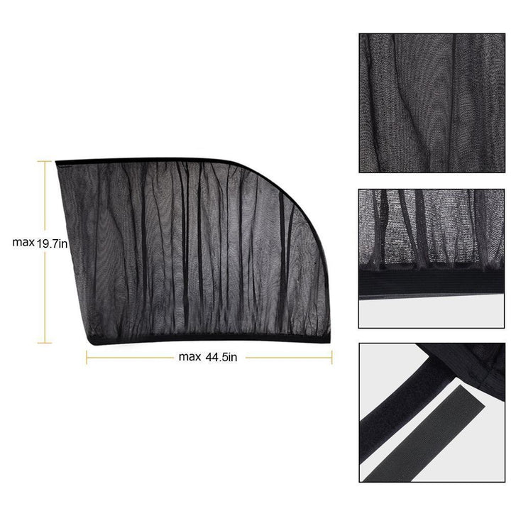 Universal car side window sun shades, black mesh, folded for storage, travel accessory car interior.