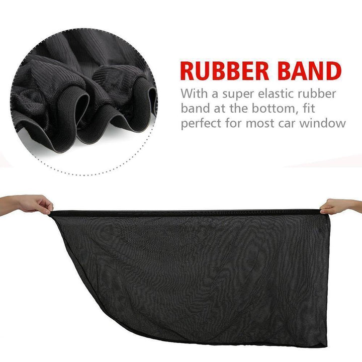 A child in a car seat, protected by a universal car side window sun shade, ensuring baby safety.