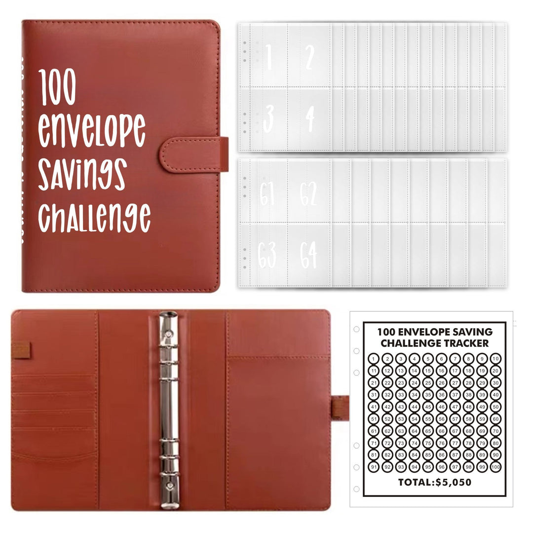 Interior shot of the binder: clear pockets holding budgeting tools and the 100 envelope challenge.