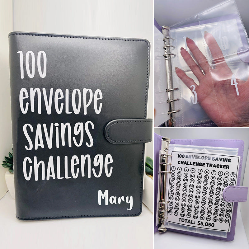 A person's hands organizing cash into labeled envelopes within the A5 budget planner binder.