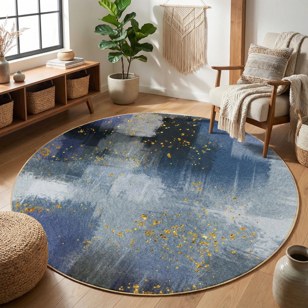 Abstract Boho round area rug with modern waves design. Perfect statement piece for living room or bedroom. Washable.
