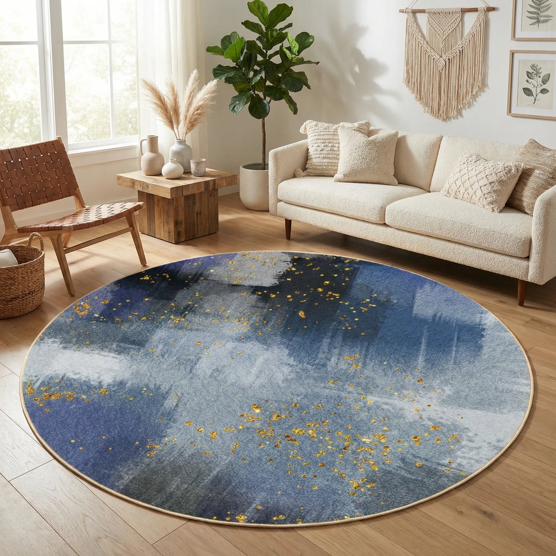 Vibrant abstract boho round area rug with a modern wave pattern. Enhances living room, bedroom or kitchen decor.