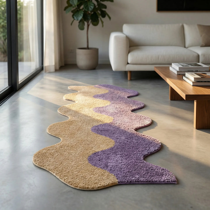 Abstract color block area rug with wavy design. Modern, washable Flowique rug for stylish home decor.