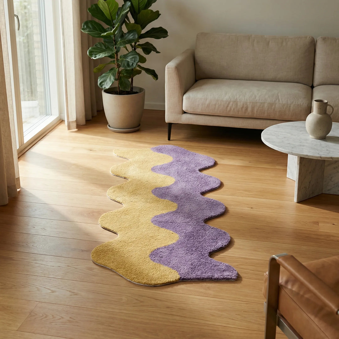 Flowique statement area rug. Abstract color block with wavy design, a modern home accent for any contemporary space.
