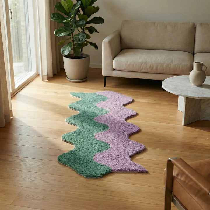 Modern abstract color block area rug with wavy design. Stylish, washable home accent perfect for bedroom or kitchen decor.