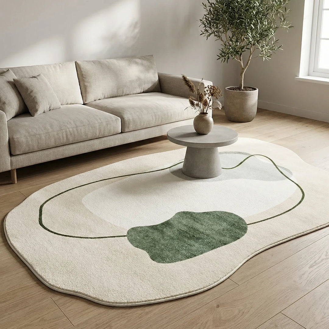 Abstract irregular area rug with flowing wave design, perfect for modern living rooms and home decor.
