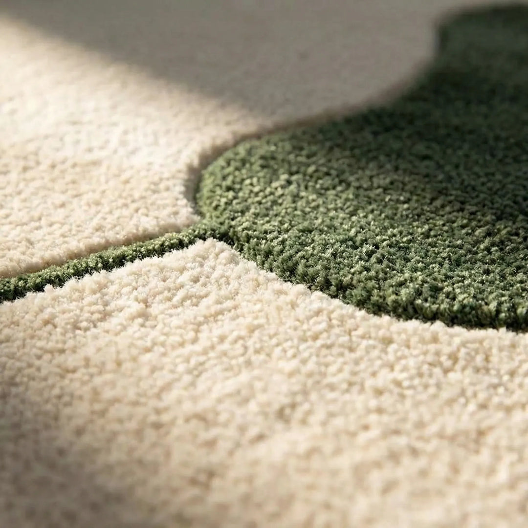 Statement irregular shape area rug featuring abstract waves, enhancing modern home decor in living spaces.