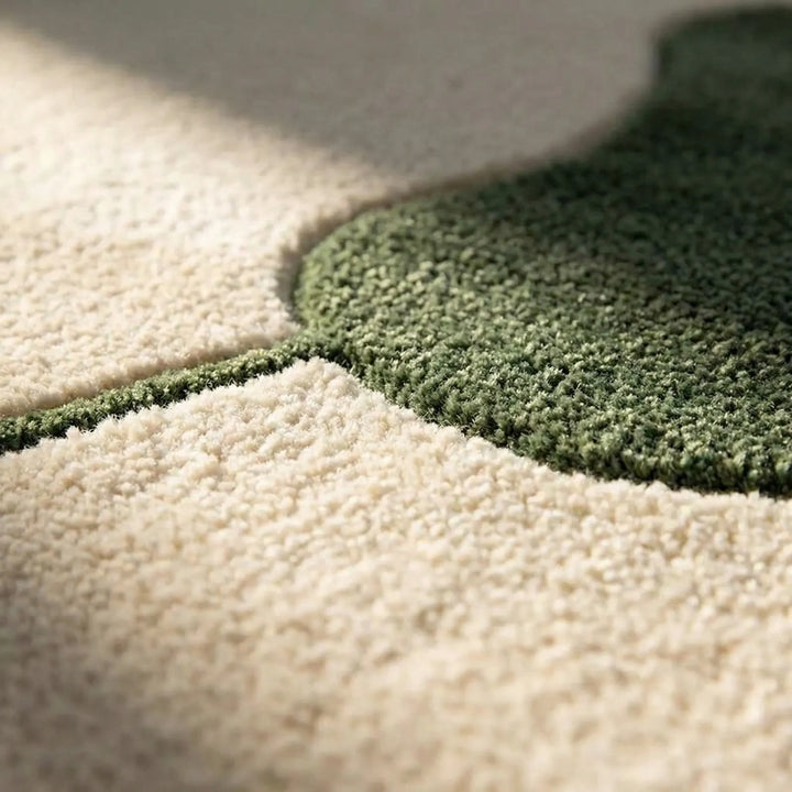 Statement irregular shape area rug featuring abstract waves, enhancing modern home decor in living spaces.