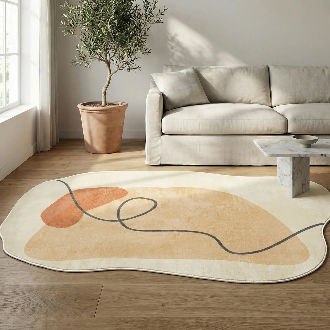 Modern abstract irregular area rug showcasing elegant wave patterns, ideal for contemporary living room decor.