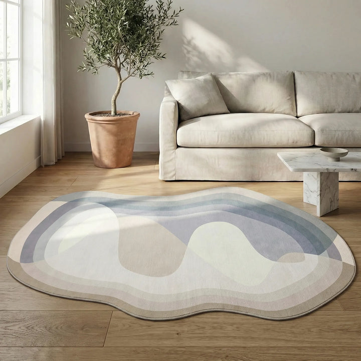 Stylish abstract irregular area rug for modern homes, versatile as a unique living room or bedroom statement.