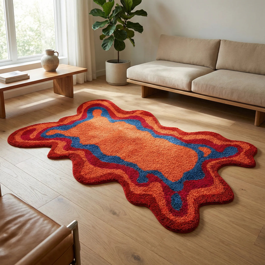 Modern abstract shaped area rug with flowing waves. Stylish floor covering accent for living room and bedroom decor.