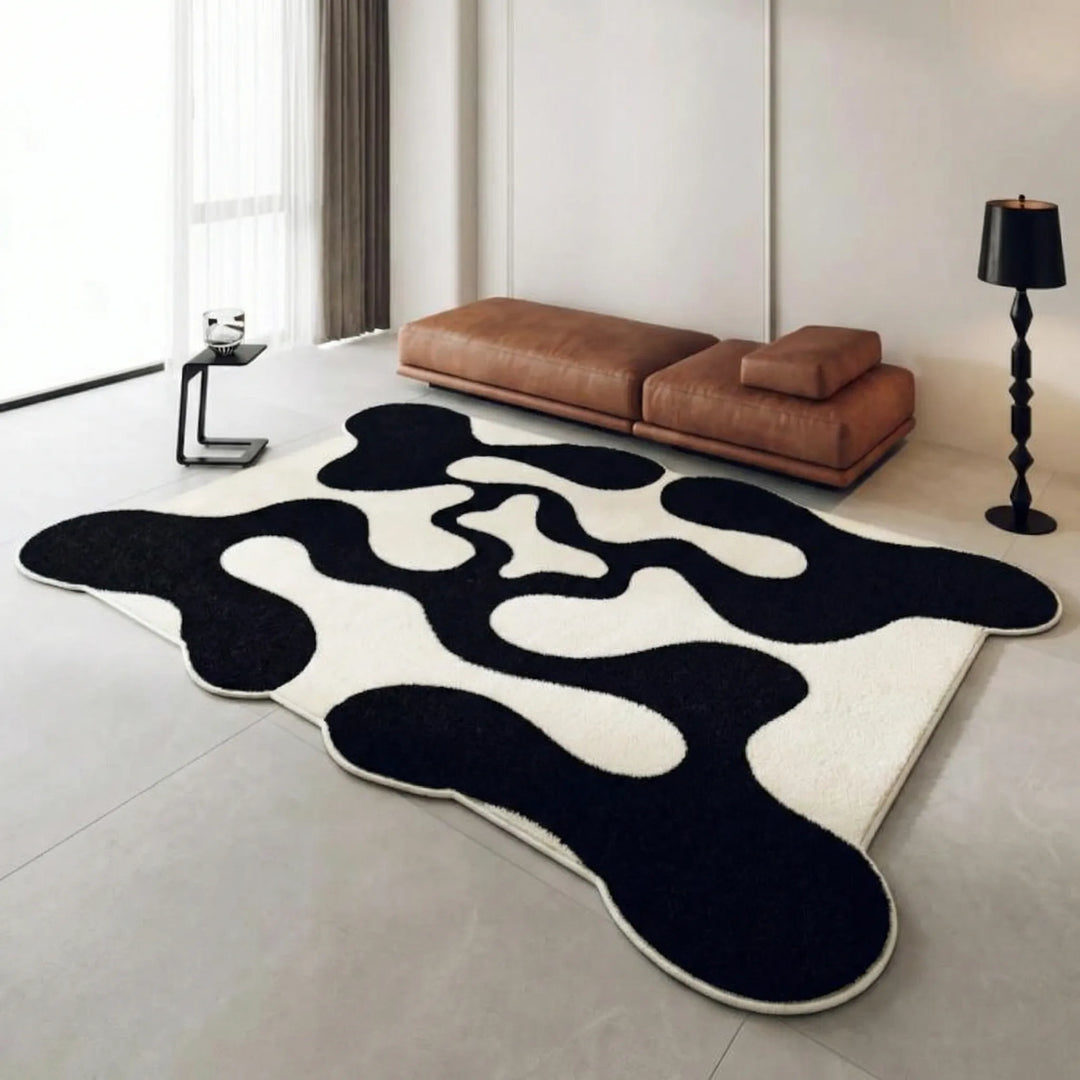 Abstract wavy contemporary area rug, Flowique, with modern wave patterns, perfect as a living room statement piece floor decor.