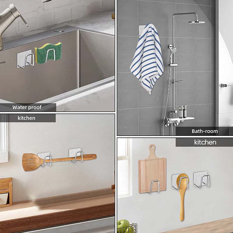 Multiple adhesive stainless steel sponge holders arranged, highlighting their compact kitchen storage