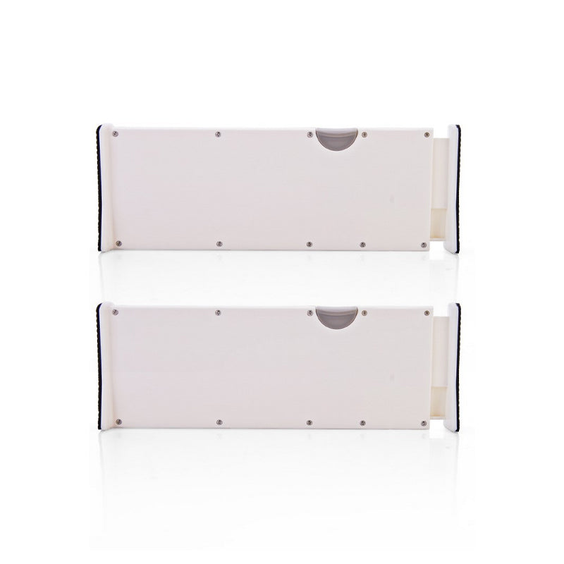 Durable plastic adjustable drawer organizers, shown in a clean, modern kitchen drawer setting