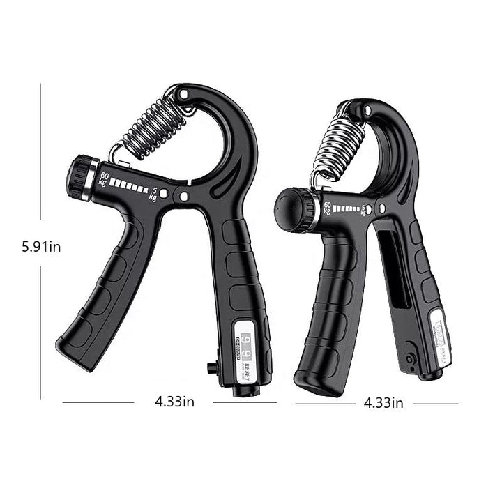 Side profile of an adjustable grip strengthener, showcasing robust construction & counter