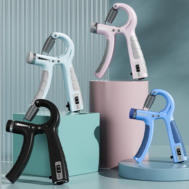 Ergonomic grip strengthener with digital counter to track reps, ideal for strength training