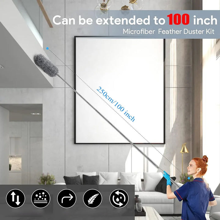 Adjustable microfiber duster with extendable pole for high-reach cleaning. Washable dusting tool.