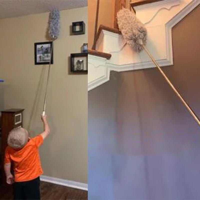 Durable extendable duster pole made from stainless steel, with a washable microfiber attachment.