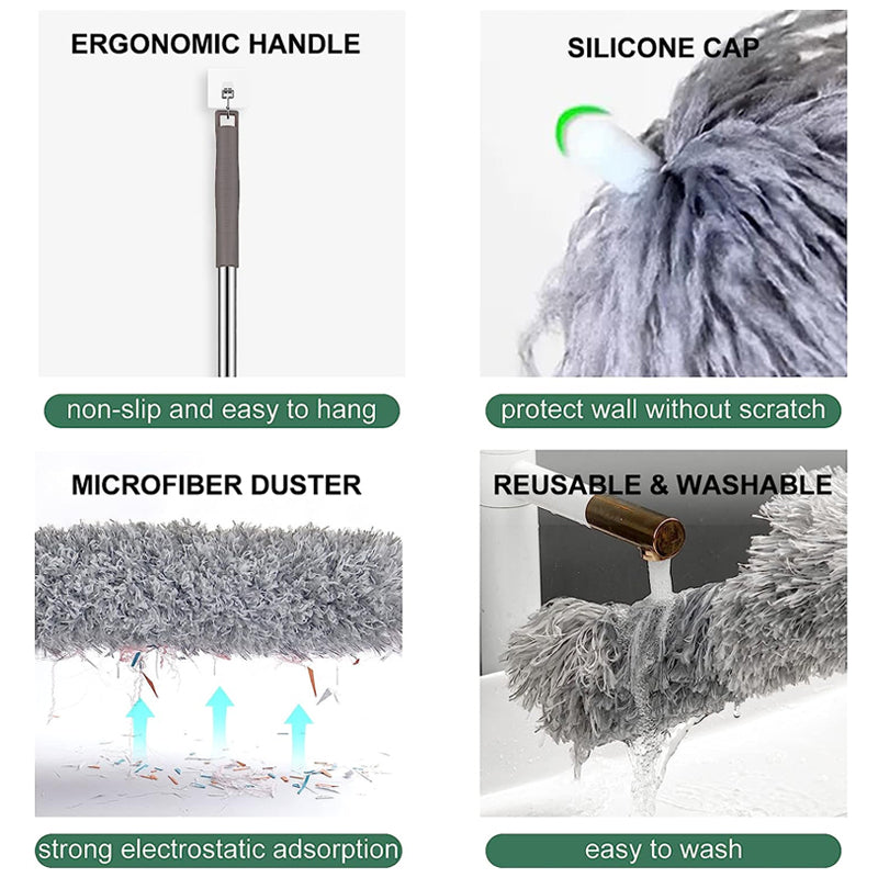Two-in-one cleaning: a flexible microfiber duster head and an extendable pole for tough spots.